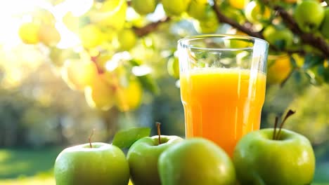 un vaso de jugo de naranja al lado de algunas manzanas verdes en una mesa