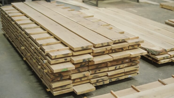 Operaio che impila assi di legno in un laboratorio di falegnameria