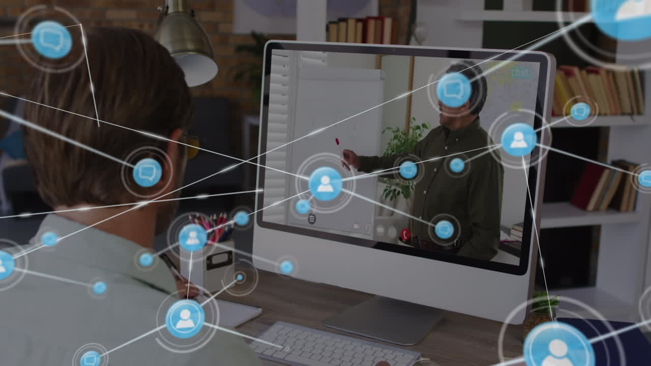animación de la red de conexiones sobre empresario biracial haciendo una videollamada con un colega