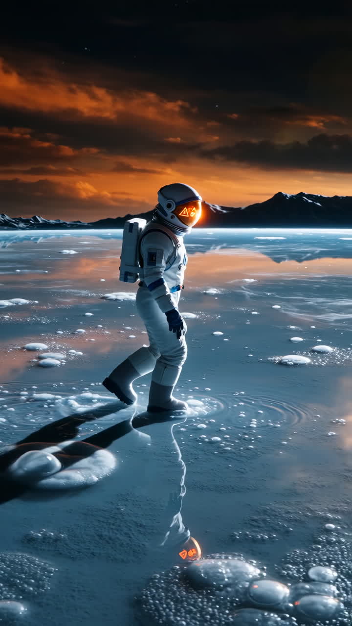 Astronaut Walking on an Alien Planet at Sunset