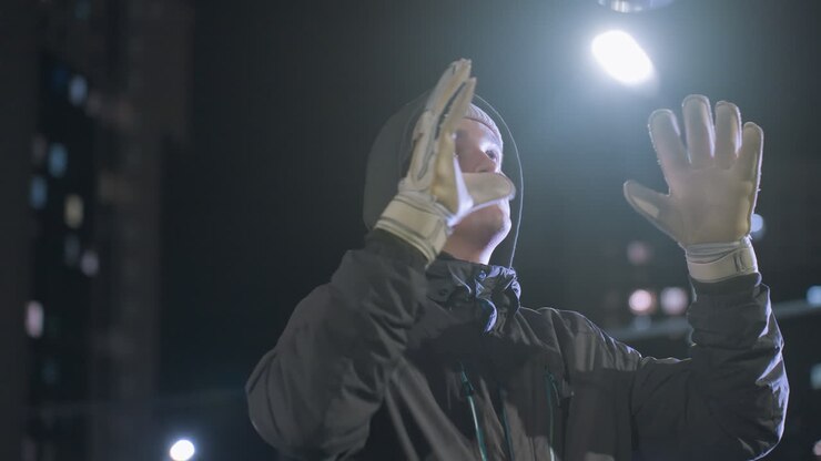 Young footballer wearing gloves tossing a soccer ball into the air and catching it against an urban night backdrop, blurred building and bright bokeh light effects