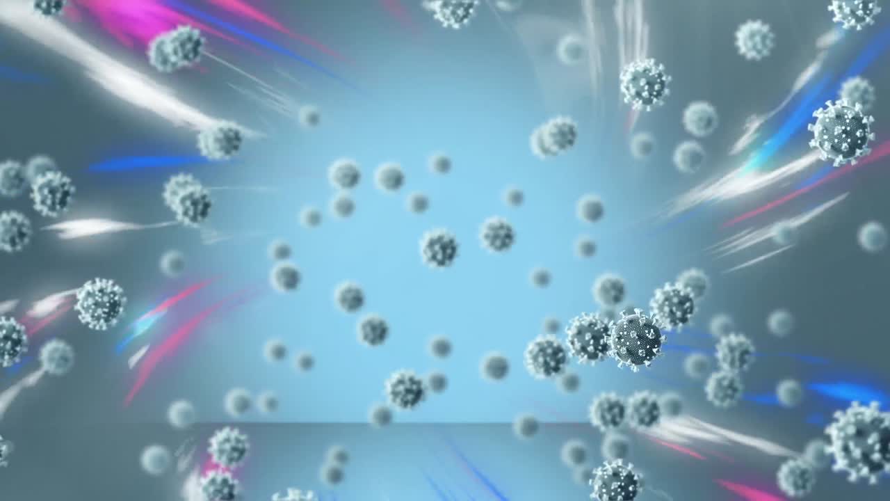보라색과 파란색 빛 위를 날아다니는 코로나19 세포의 애니메이션