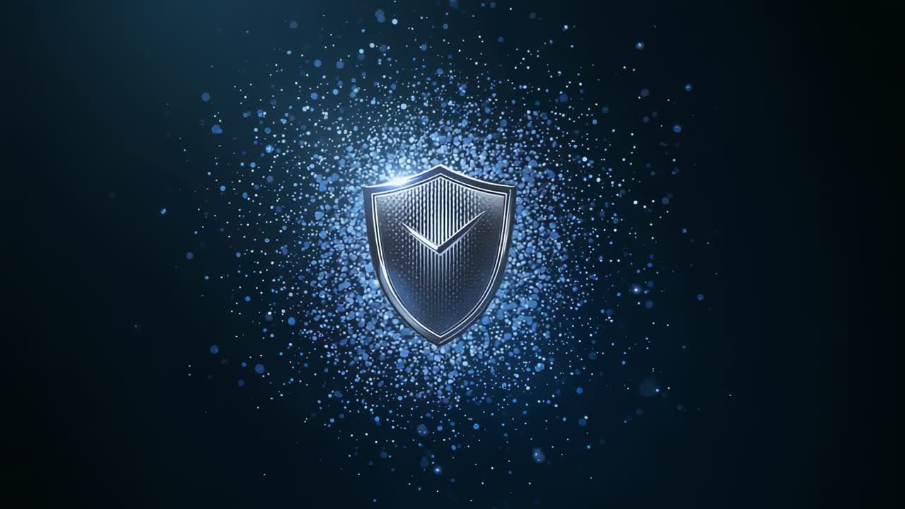 Growing particle cloud driving metal shield sharpening, revealing chevron, glint in navy, blue halo