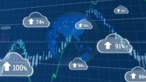 animación de nubes con porcentaje y procesamiento de datos con globo sobre fondo azul