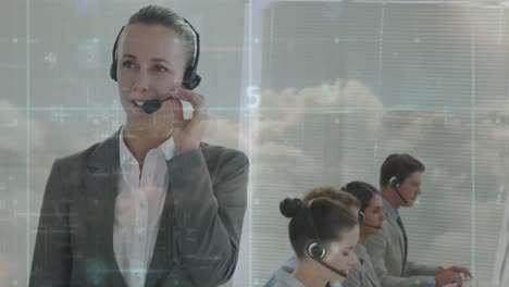 Animation-of-data-processing-over-business-people-using-phone-headsets