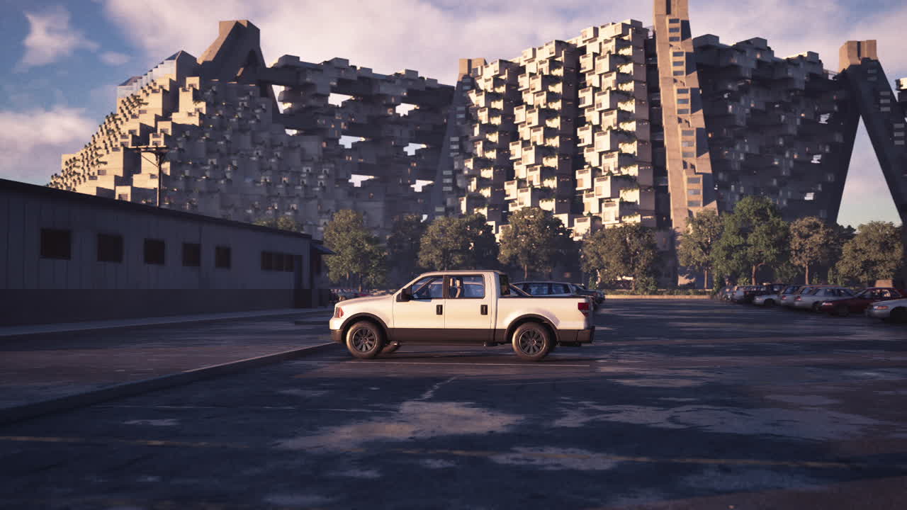 White pickup truck parked beside modern architecture in urban environment