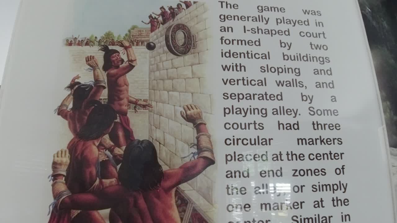 Information sign about the Mayan 'Game' at the site of Xunantunich Mayan Ruins in San Jose Succotz, Belize