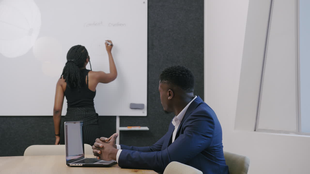 African woman writing "content creation" on a whiteboard, brainstorming ideas and strategizing in a creative business environment