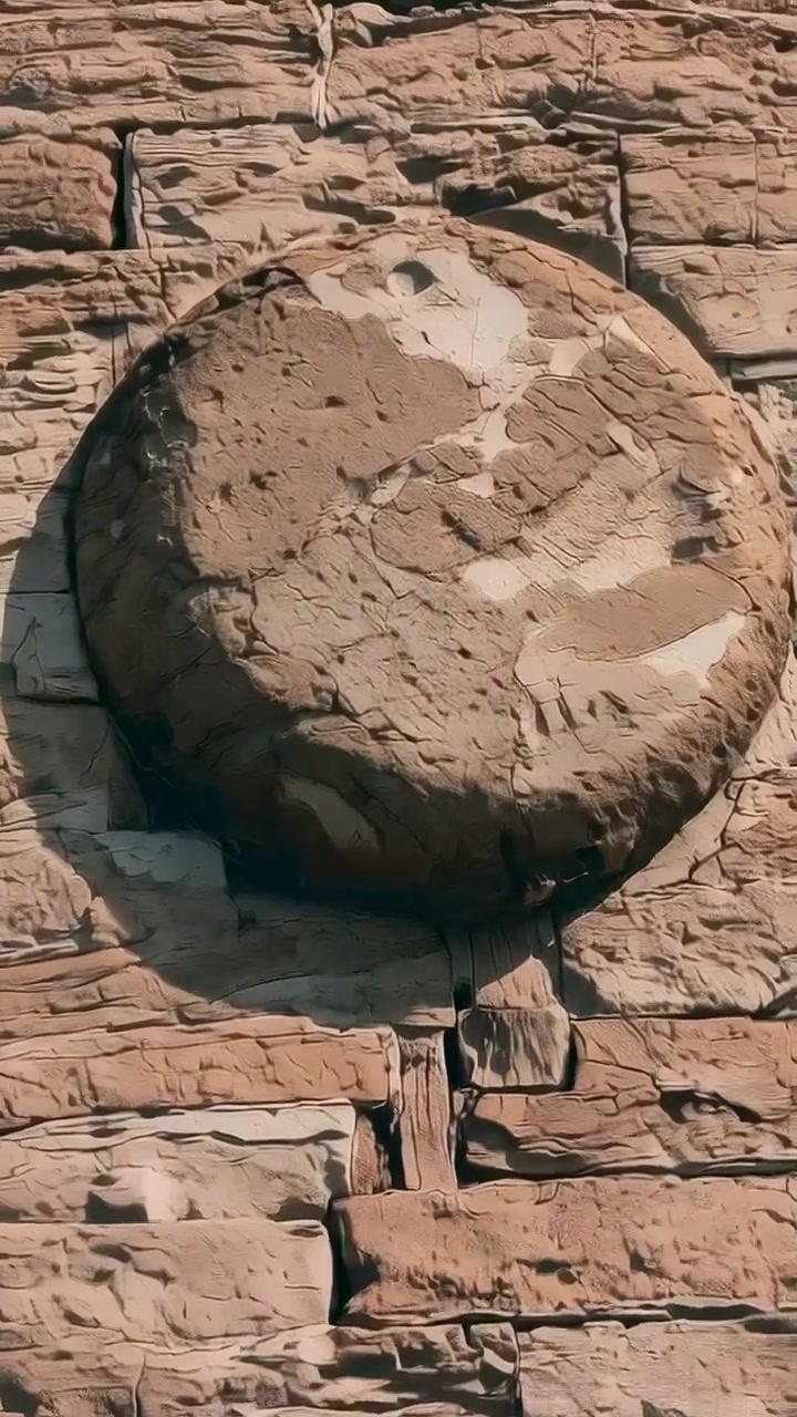 Dikey video: Yakınlaşan kamera, kumtaşı kayalıkta dairesel bir kaya diskini ortaya çıkarıyor, çatlakları vurguluyor.