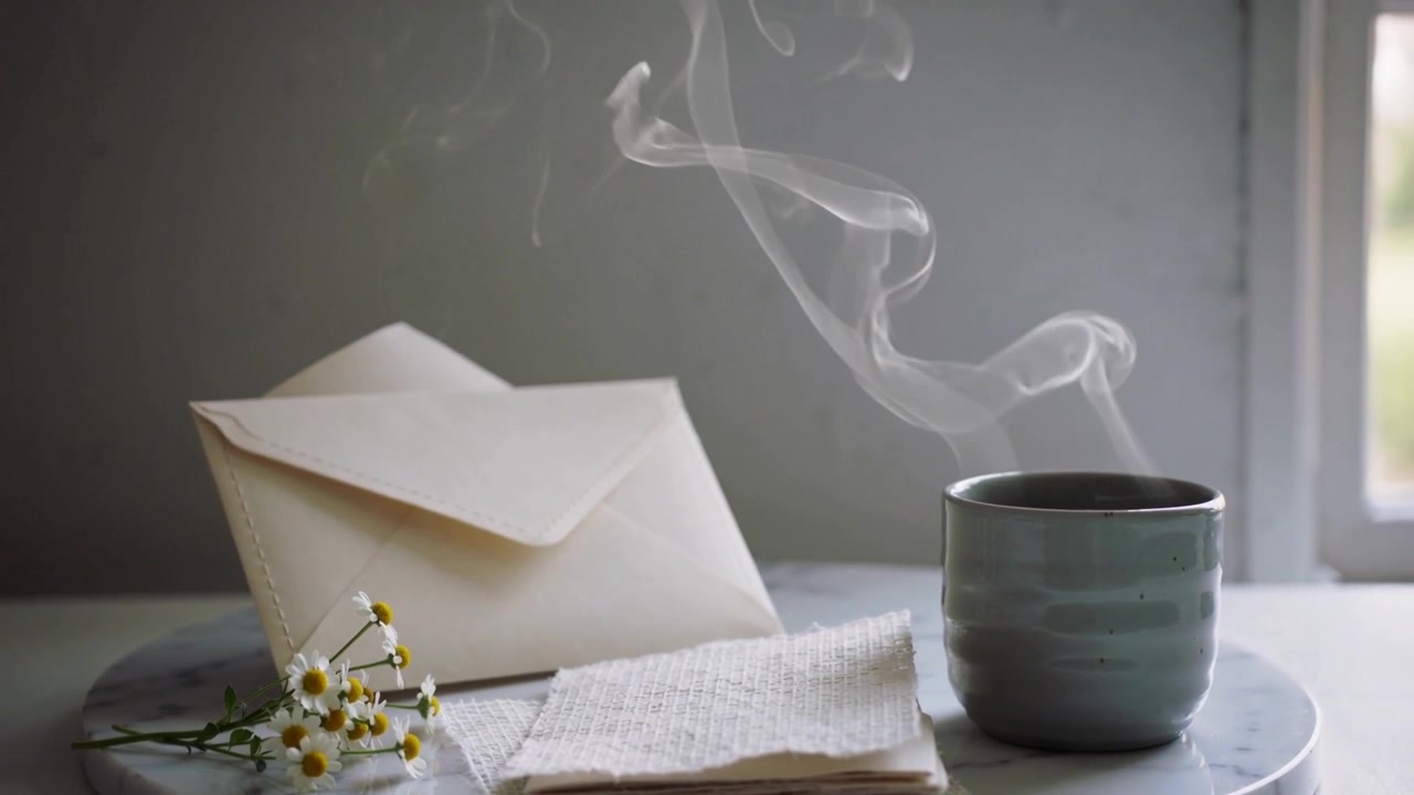 Tasse en céramique fumante contenant une boisson chaude, dégageant de la vapeur s'élevant en volutes sur le rebord de la fenêtre, avec une enveloppe