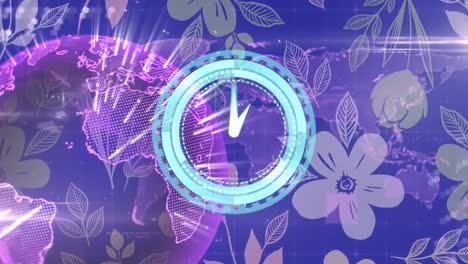 animación del escáner con el reloj sobre la red global rosada brillante y la impresión de flores