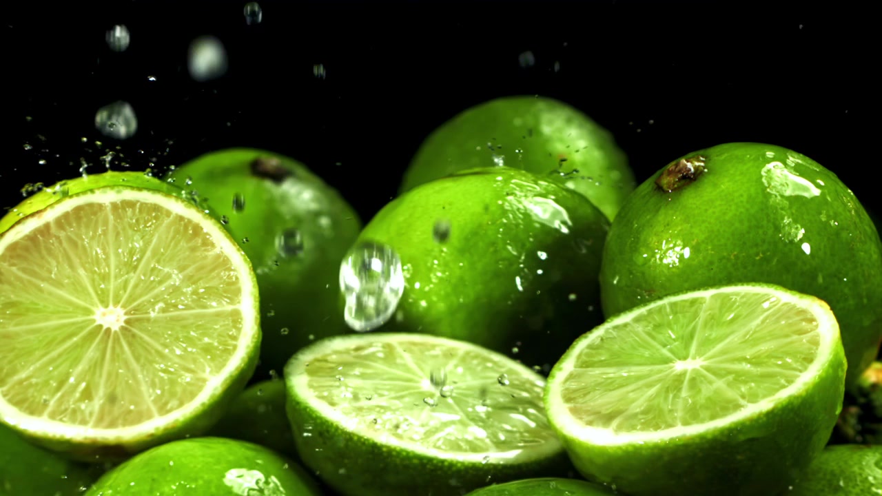 Fresh Limes and Sliced Limes with Water Drops Splashing on Black Background
