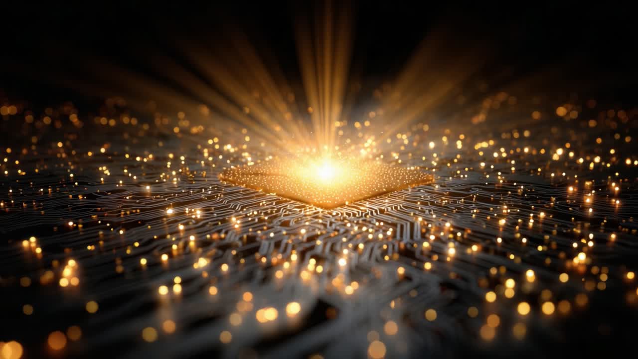 Radiant Energy Emanates from a Central Microchip on a Circuit Board, Illuminating the Surrounding Digital Landscape with a Dazzling Golden Glow