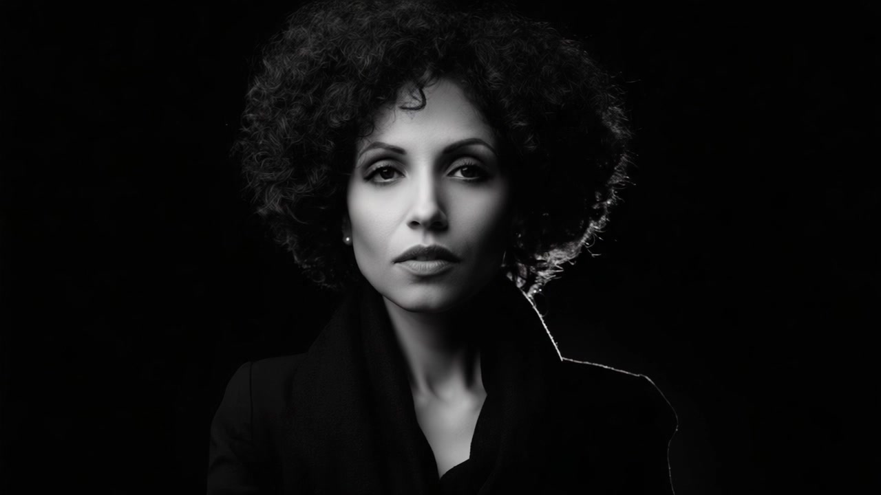 Retrato cautivador: Una impresionante imagen en blanco y negro de una mujer segura de sí misma con cabello rizado, mostrando aplomo y fuerza contra un fondo oscuro.