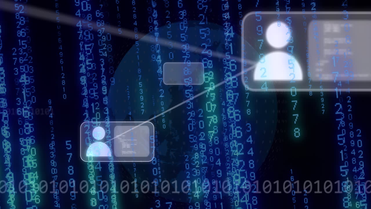 Animation of computer language, connected icons, binary codes and changing numbers over globe