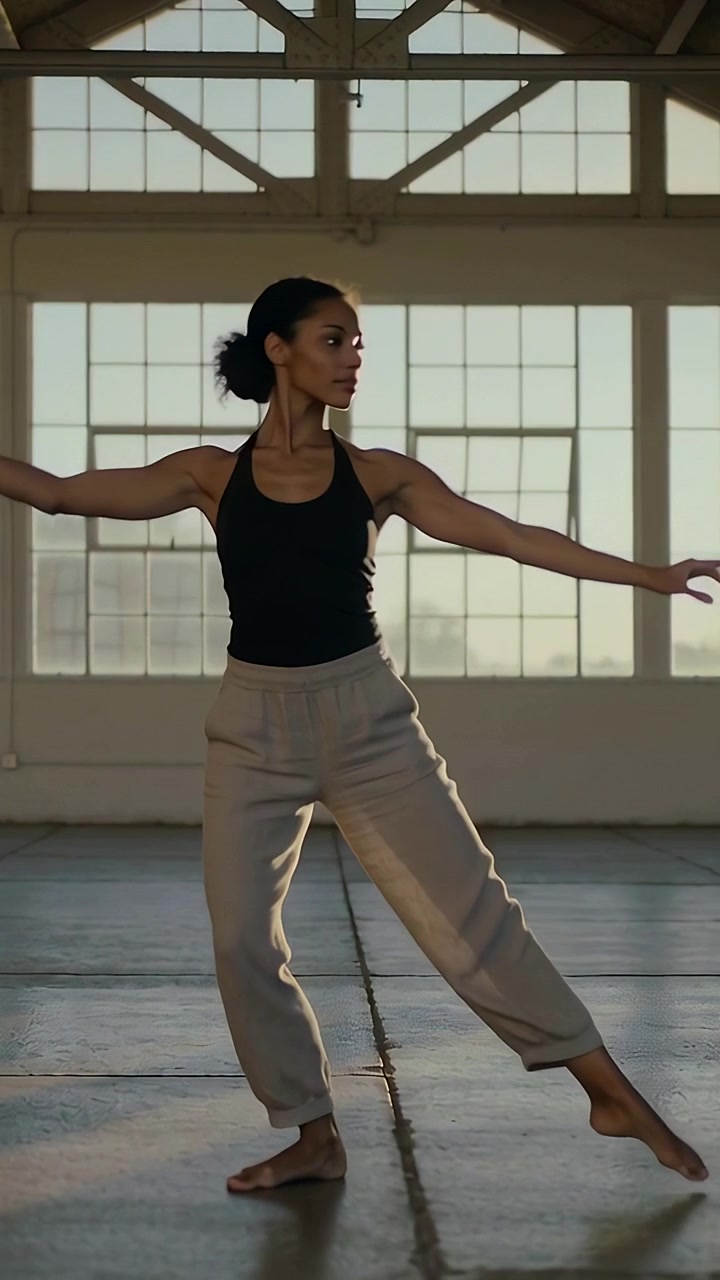 Vertical video: Training dancer in black tank pivoting sweeping leg from balance by studio windows