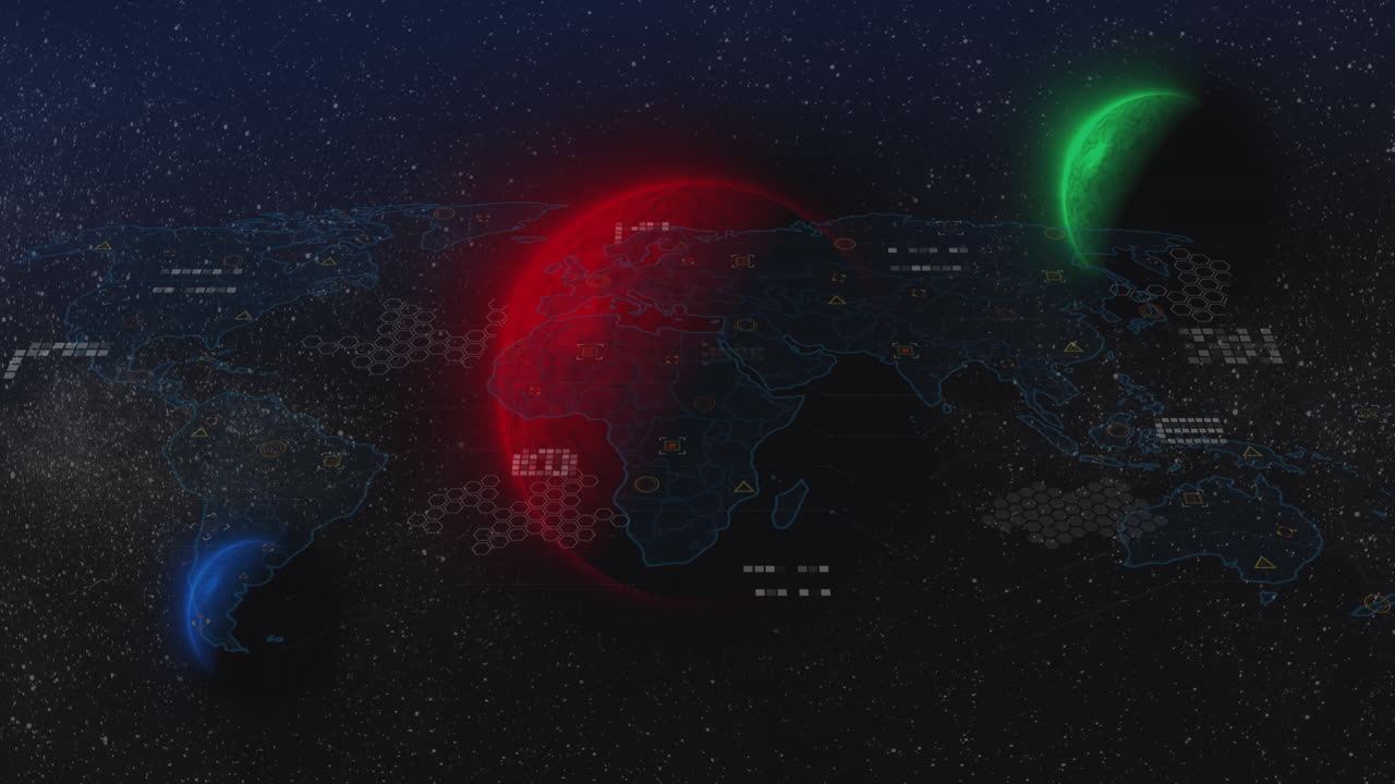 Animation of geometric shapes on map over multicolored globes against galaxy in background