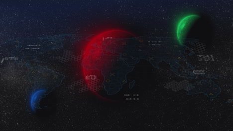 animation of geometric shapes on map over multicolored globes against galaxy in background
