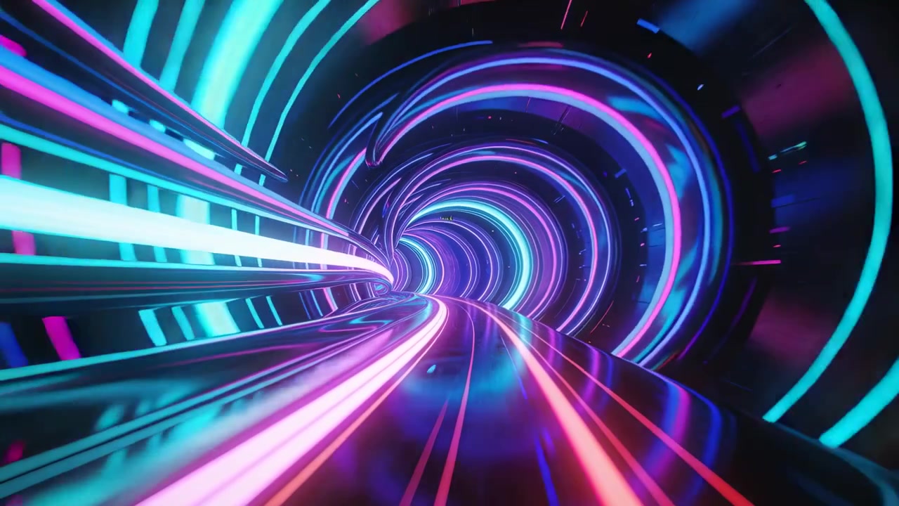 Telecamera che si muove attraverso un tunnel ad anelli al neon, riflettendo una doppia traccia e bagliori verso il centro.