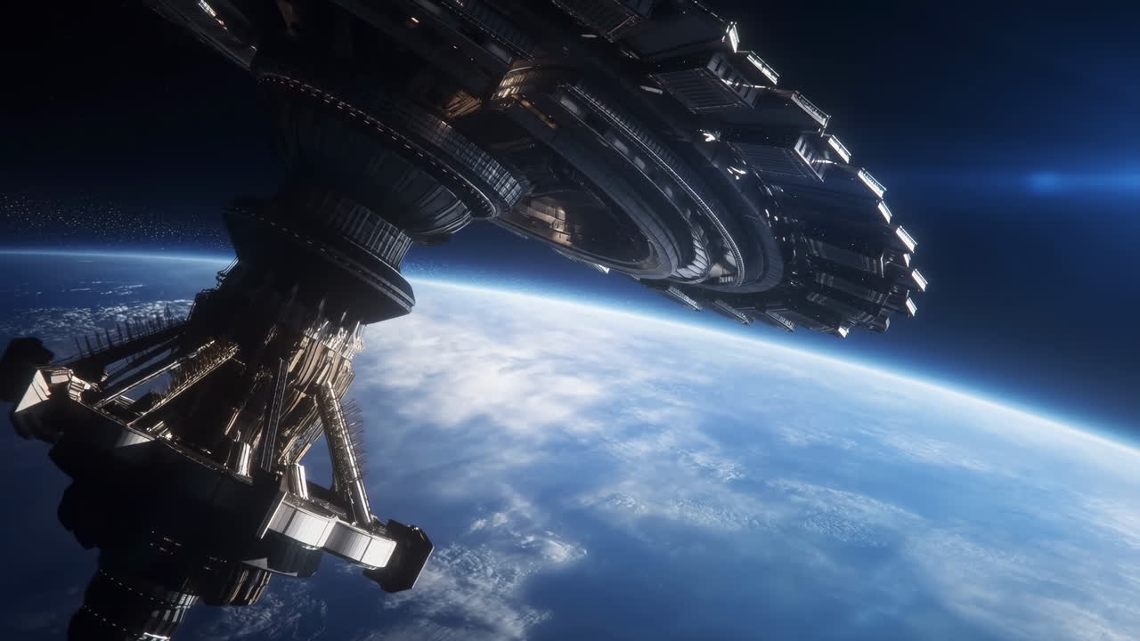 Stazione orbitale sopra la Terra con moduli ad anello rotanti, struttura metallica dettagliata, bagliore dell'alba sull'orizzonte.