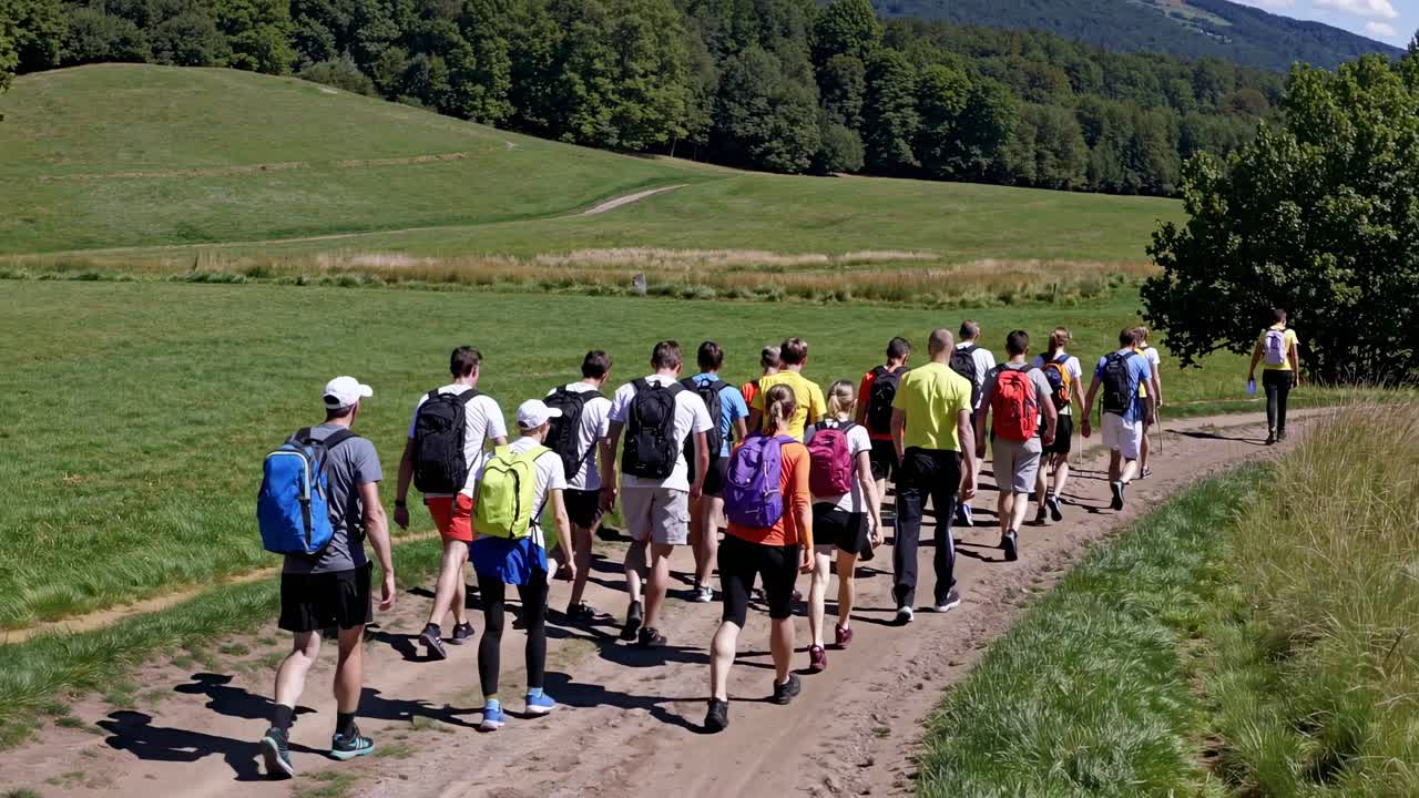 Aerial video captures a group hiking on a dirt path through lush green fields, showcasing a scenic