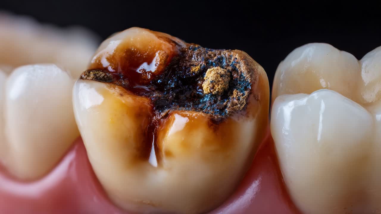 A Detailed Close-Up of a Severely Decayed Tooth Highlighting the Effects of Dental Caries, Featuring Dark Stains, Cavities, and Bacteria Accumulation on the Tooth Surface
