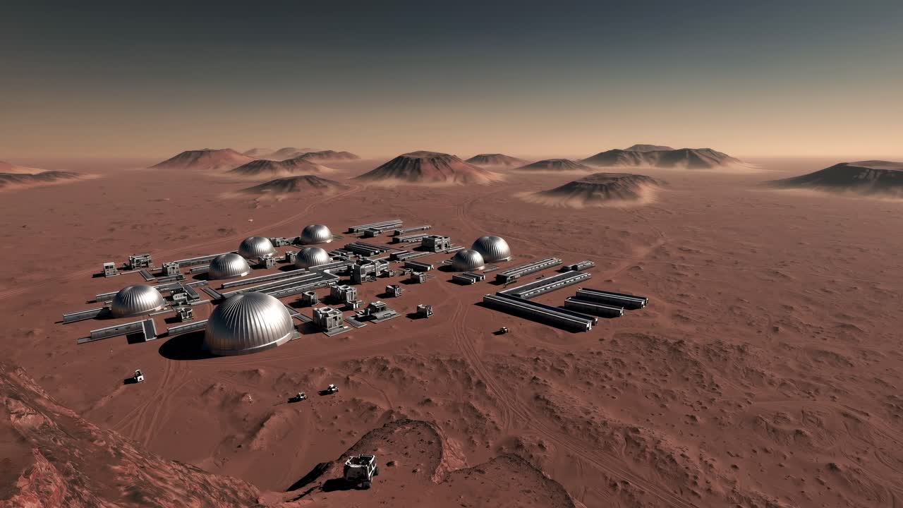 Futuristic Mars colony video concept, showcasing a wide-angle aerial view of domed structures