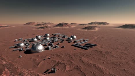 futuristic mars colony video concept, showcasing a wide-angle aerial view of domed structures