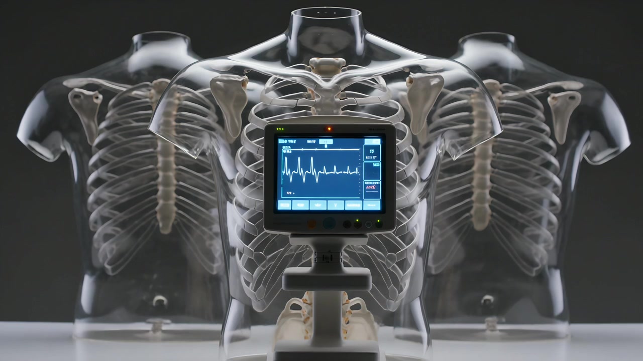 Displaying monitor showing blue ECG trace on studio table for medical demo, with three clear torsos