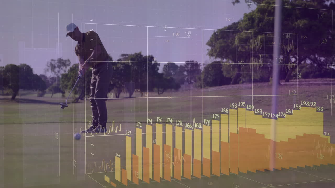 On golf course, golfer putting with animation of bar graphs overlaying data