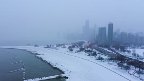 aerial footage of frozen lake michigan during 2019 polar vortex, chicago, illinois