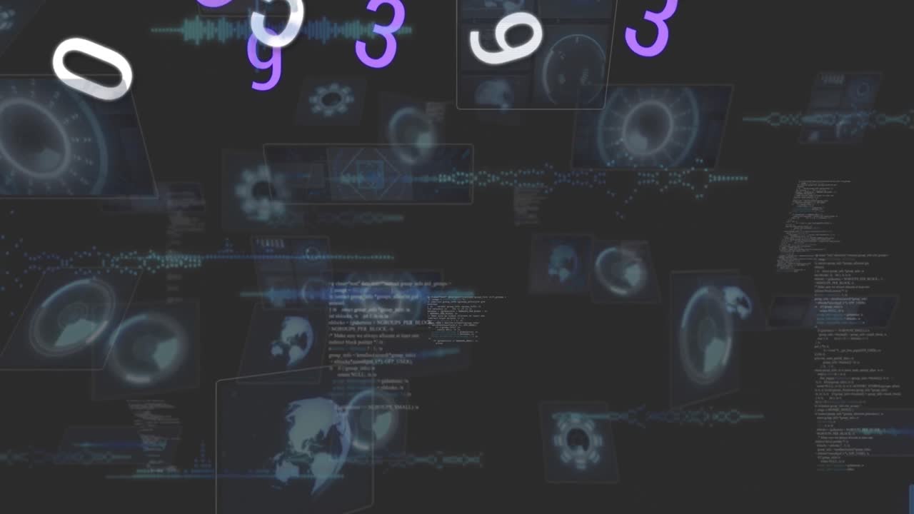 animación digital de múltiples números cambiantes contra escáneres redondos y procesamiento de datos