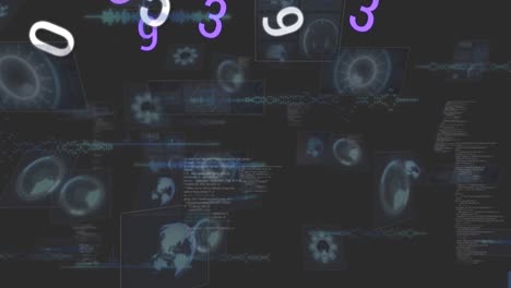 Digital animation of multiple changing numbers against round scanners and data processing