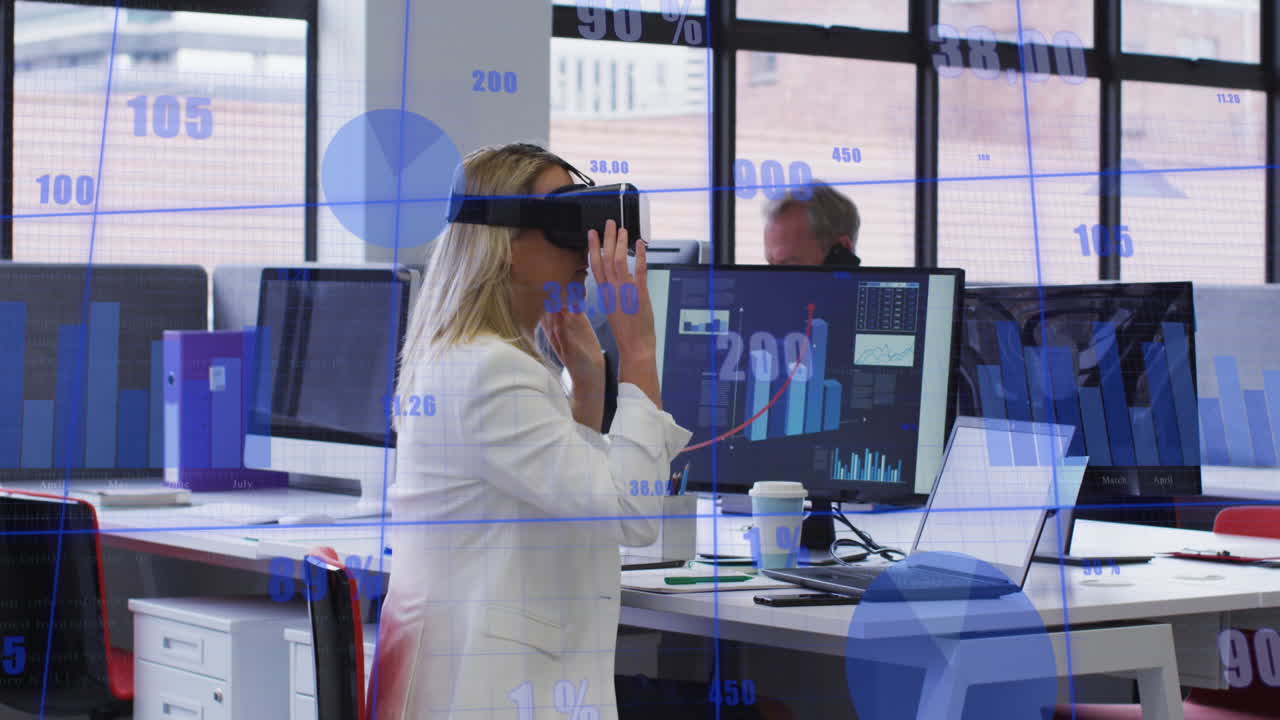 анимация обработки статистических данных против белой женщины, носящей vr-наушники в офисе