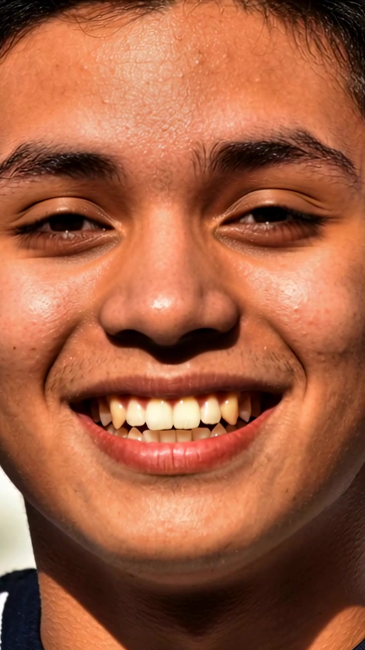 Vertical video: Hiding eyes, teen moving hands away, showing smile in sunny closeup, shirt trim