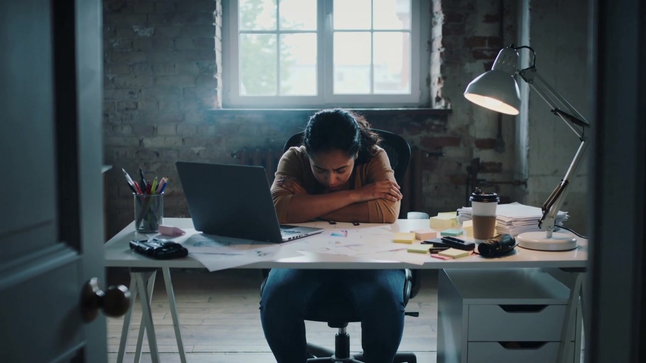 Leaning woman wearing brown sweater resting head on arms at loft desk from fatigue, laptop, papers