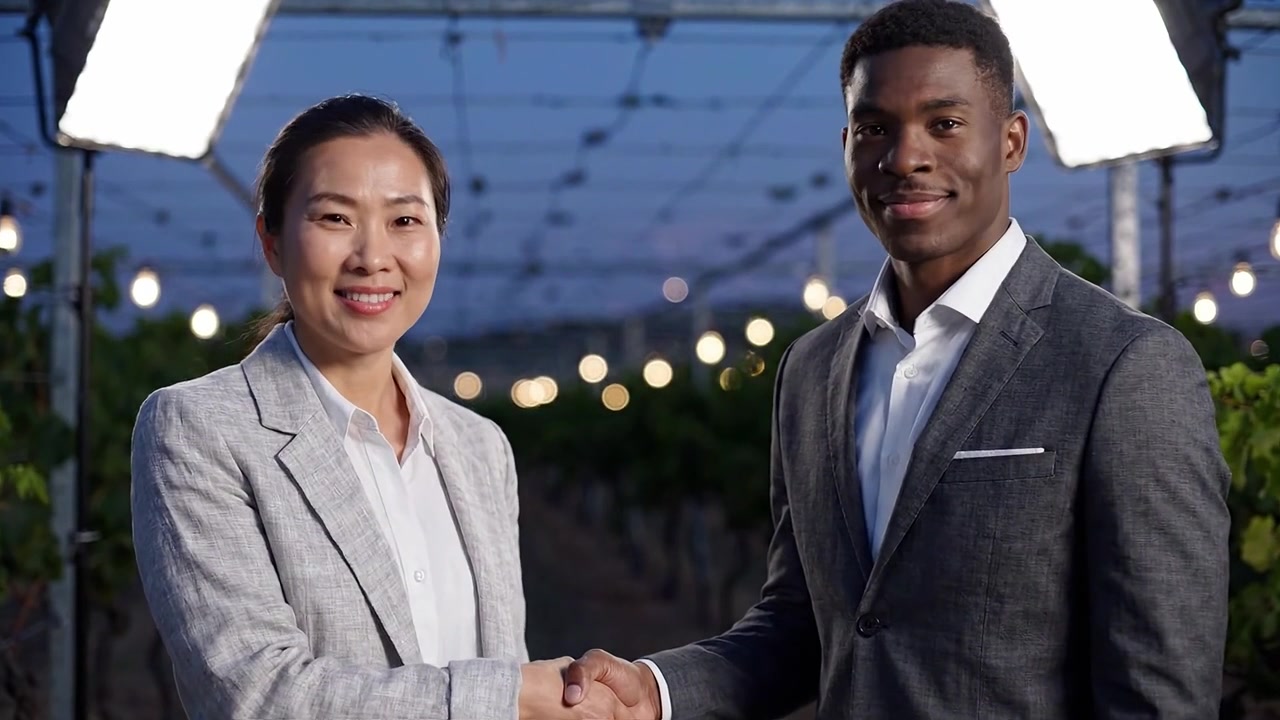 A business handshake between two professionals in a vineyard at night, illuminated by soft lights, symbolizes partnership and collaboration in a serene setting.