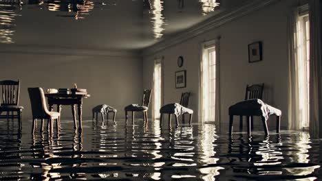 serene reflections revealing flooded dining room interior, mirroring silent waters capturing devastating aftermath of natural disaster with haunting tranquility