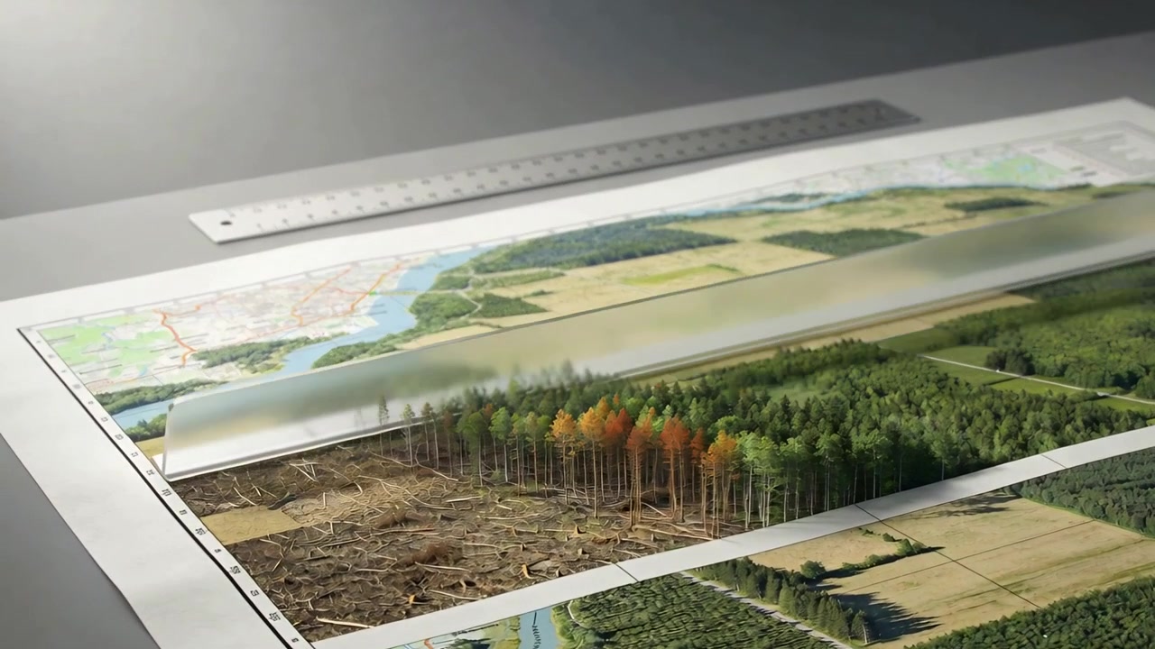 Empuje inicial que hace deslizar una placa transparente sobre un mapa topográfico, exponiendo un bosque en relieve y tocones, junto a una regla.