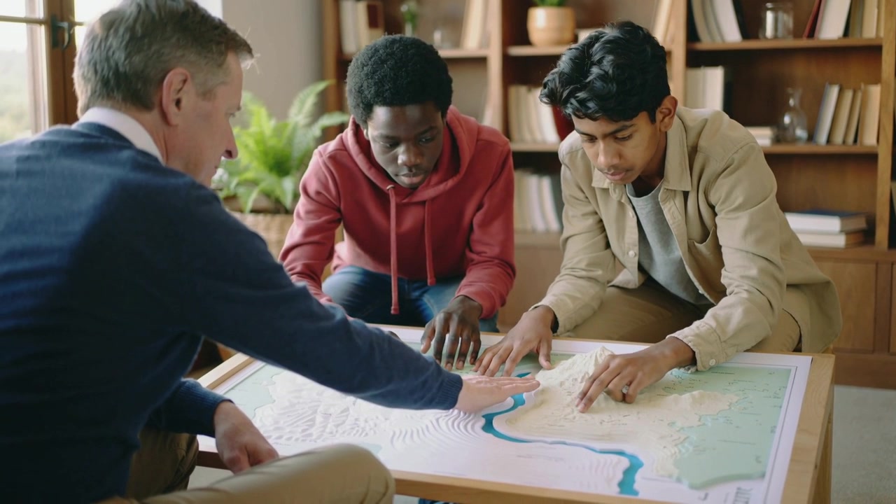 Reaching mentor in navy sweater sliding hand along river, teens tracing tactile map in study lesson