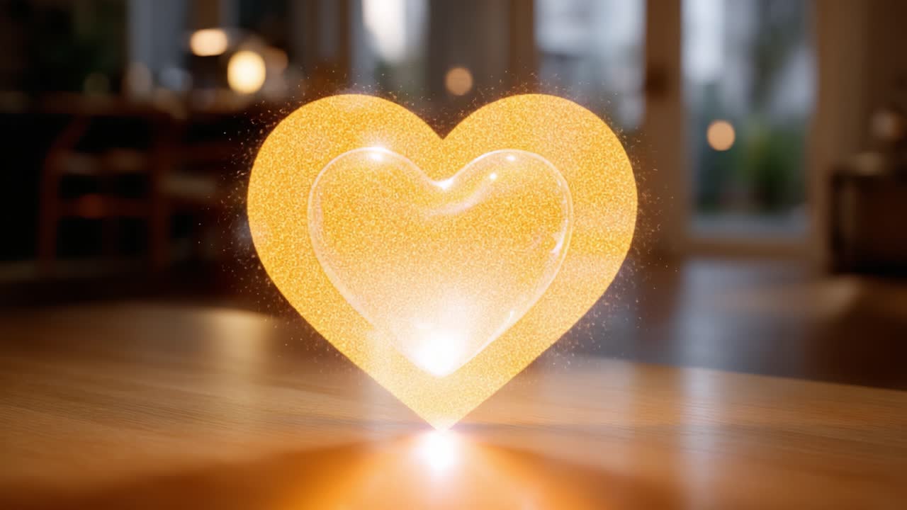 A Glowing Heart Shape Apparition on a Wooden Surface Captured in Two Frames, Showcasing Its Magical Transformation from One Appearance to Another