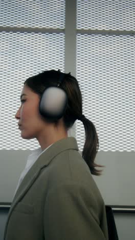 woman wearing headphones in an elevator