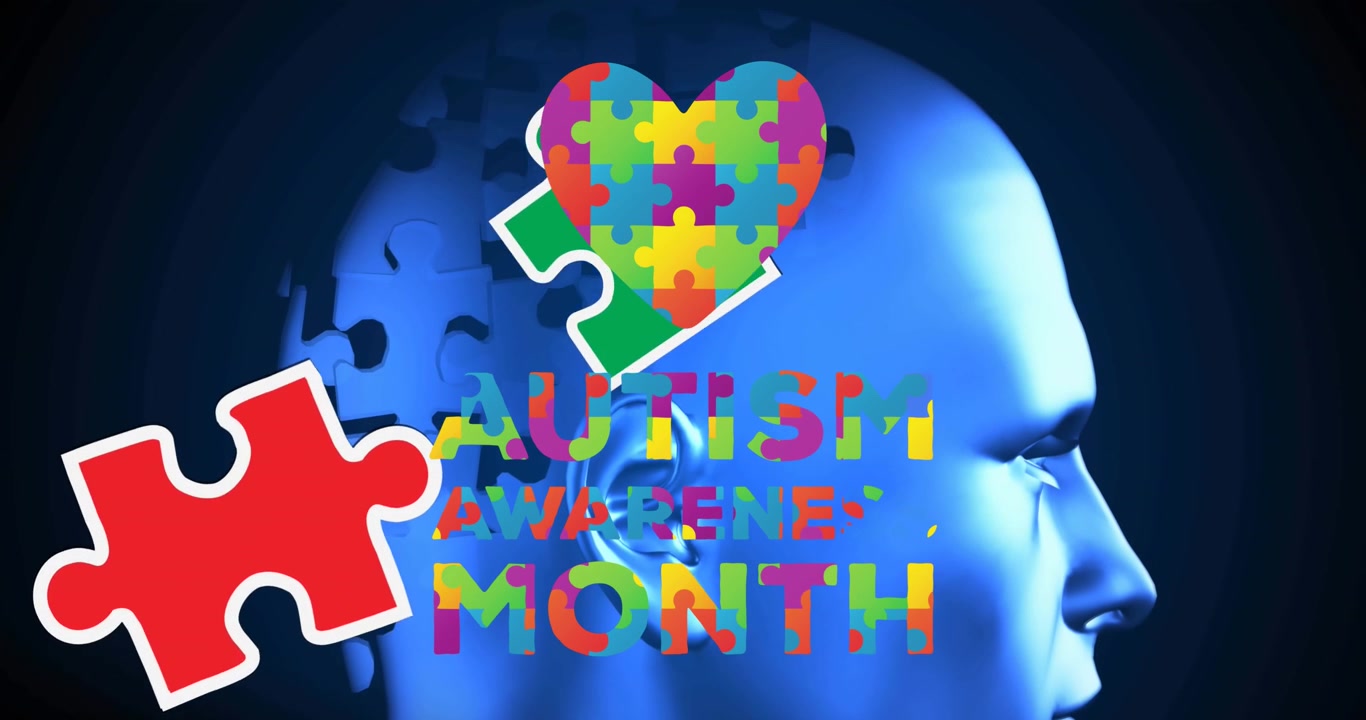 Animazione di pezzi di puzzle colorati e testo del mese della consapevolezza sull'autismo
