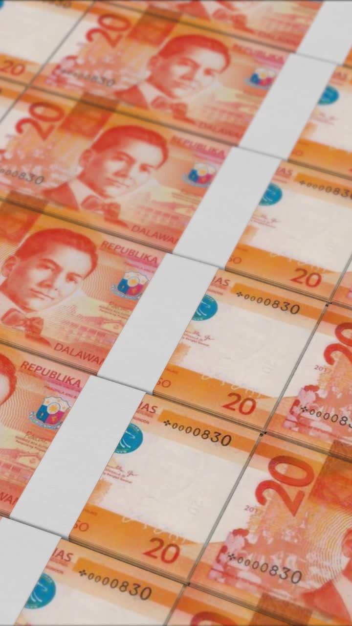 20개의 필리핀 페소 지폐의 수직 영상, 화폐 프레스에 의해 인쇄
