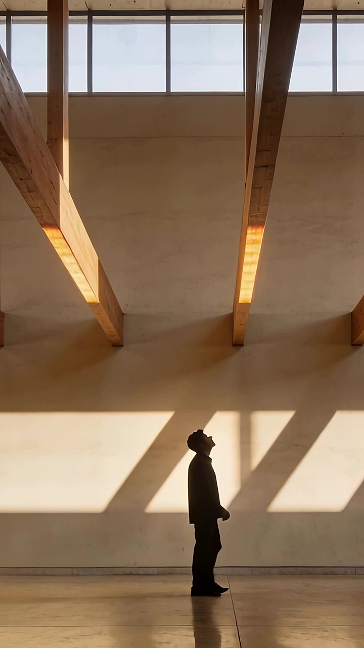 Vertical video: Entering man in dark jacket, cap walking across tall hall, studying beams and light