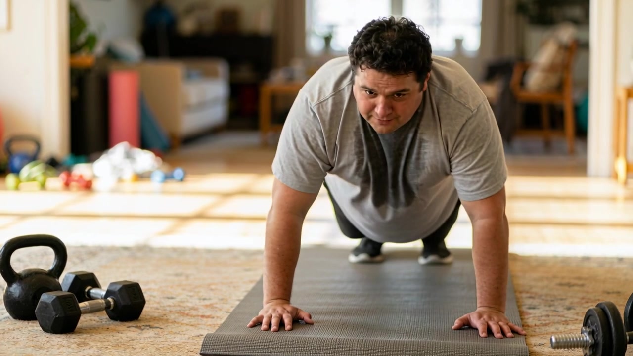 Uomo inginocchiato in attrezzatura che si sposta sulle punte dei piedi, passando alla posizione della plancia e facendo flessioni per un allenamento a casa sul tappetino.