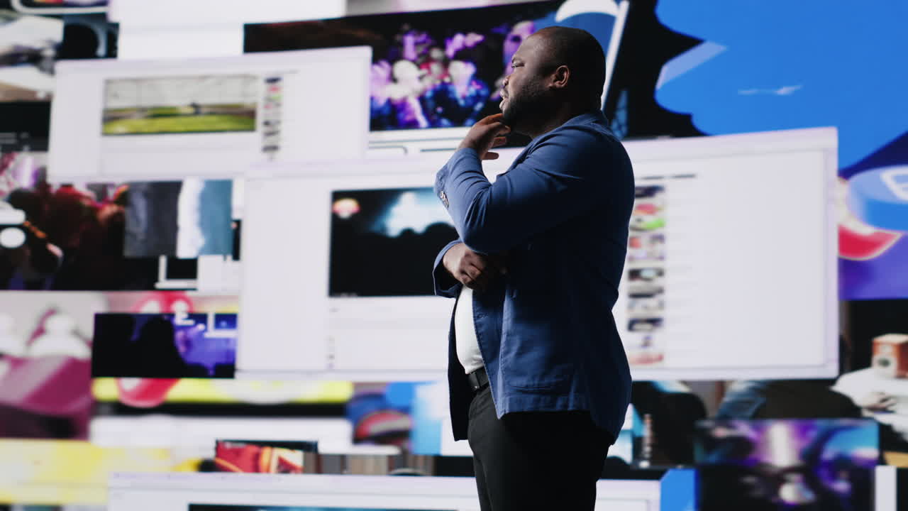 African American digital creator using dashboards with dynamic screens