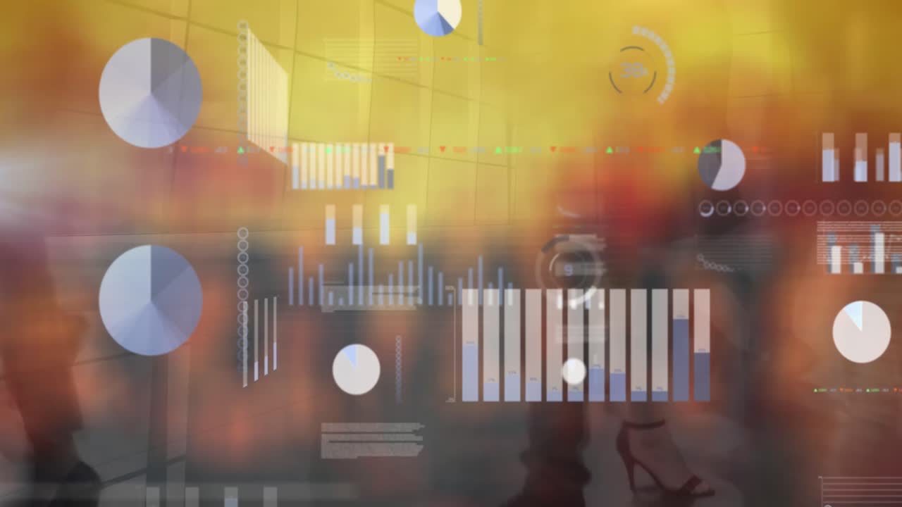 animación del procesamiento de datos financieros sobre diversas personas que caminan por la calle