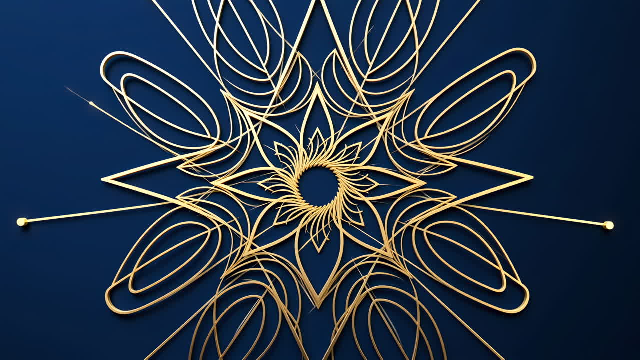 Golden geometric mandala design on blue background