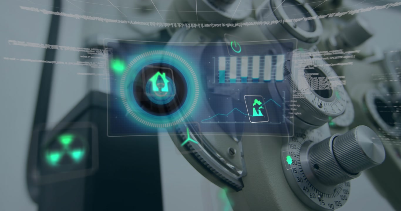 Animation of data processing and ecology icons over microscope